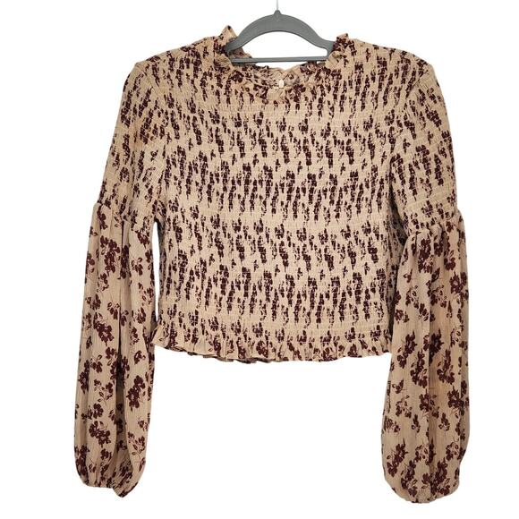 Grade & Gather Cream Floral Smocked Ruffle Long Balloon Sleeve Blouse Women L - Picture 2 of 9